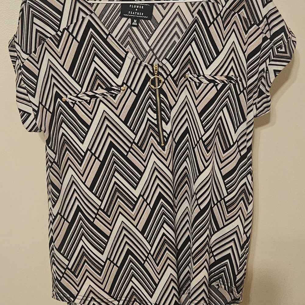 Flower Feather Geometric Black and White Blouse
